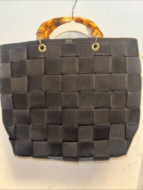 BLACK WOVEN TOTE BAMBOO STYLE HANDLES BRASS HARDWARE BLACK DRAWSTRING CLOSURE